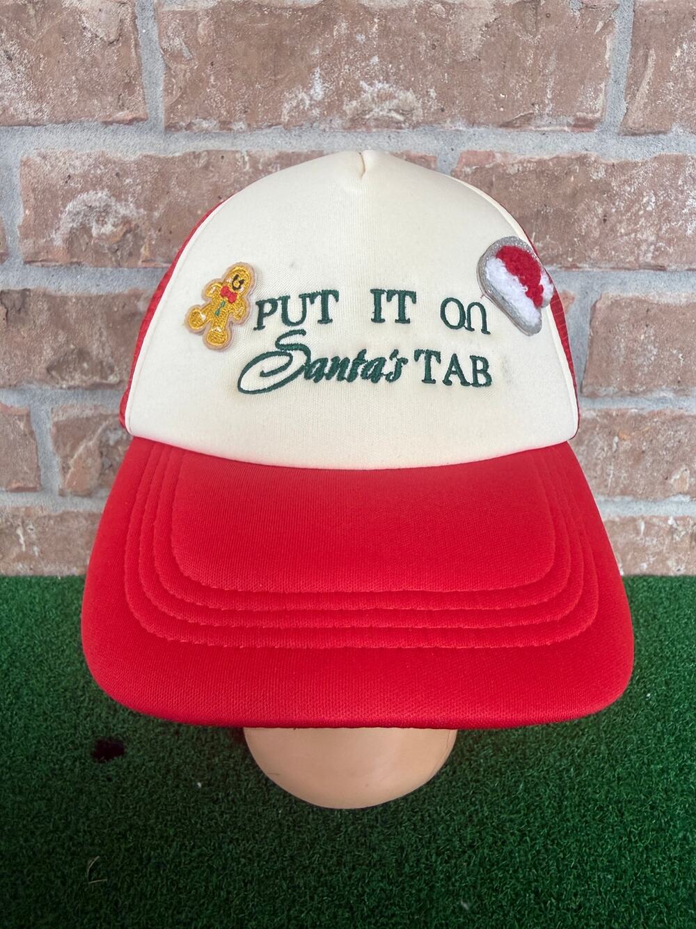 Put It On Santas Tab Trucker Hat Red White Festive Christmas Holiday Snapback